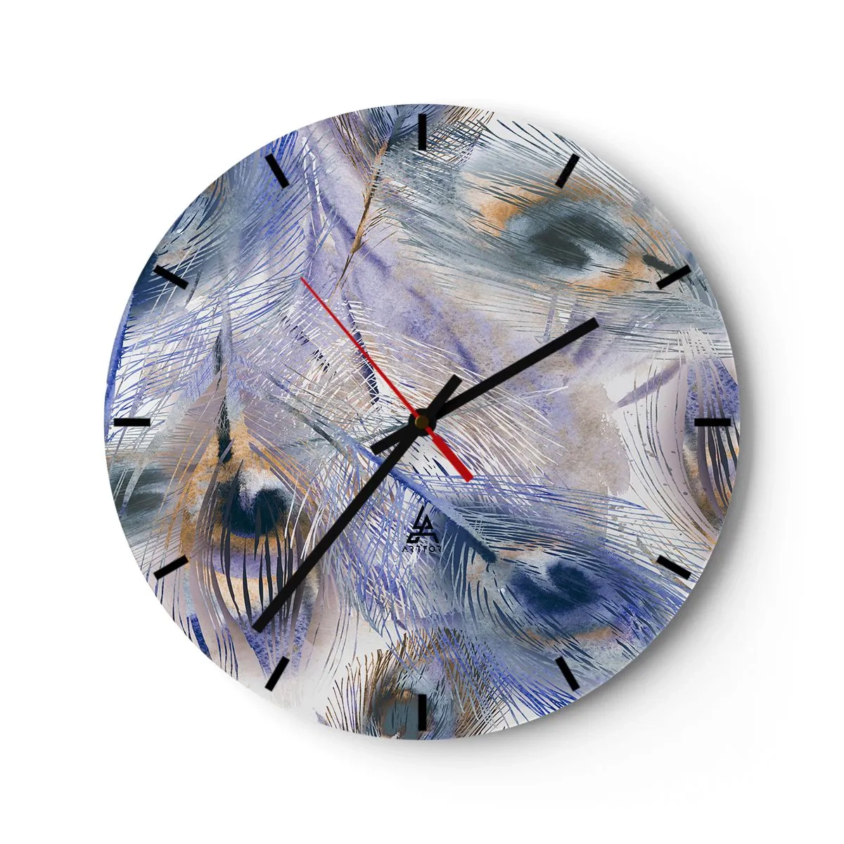 Ceas de perete - Ceas pe sticlă - O compoziție inspirată de pene de păun într-un stil artistic - 30x30cm - Compoziția penelor de păun - Decorațiune modernă pentru perete pentru living, bucătărie și dormitor ARTTOR