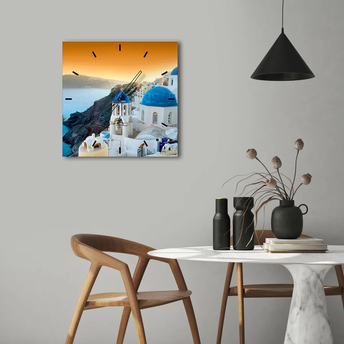 Ceas de perete - Ceas pe sticlă - Santorini - îmbrățișat de stânci - 30x30 cm