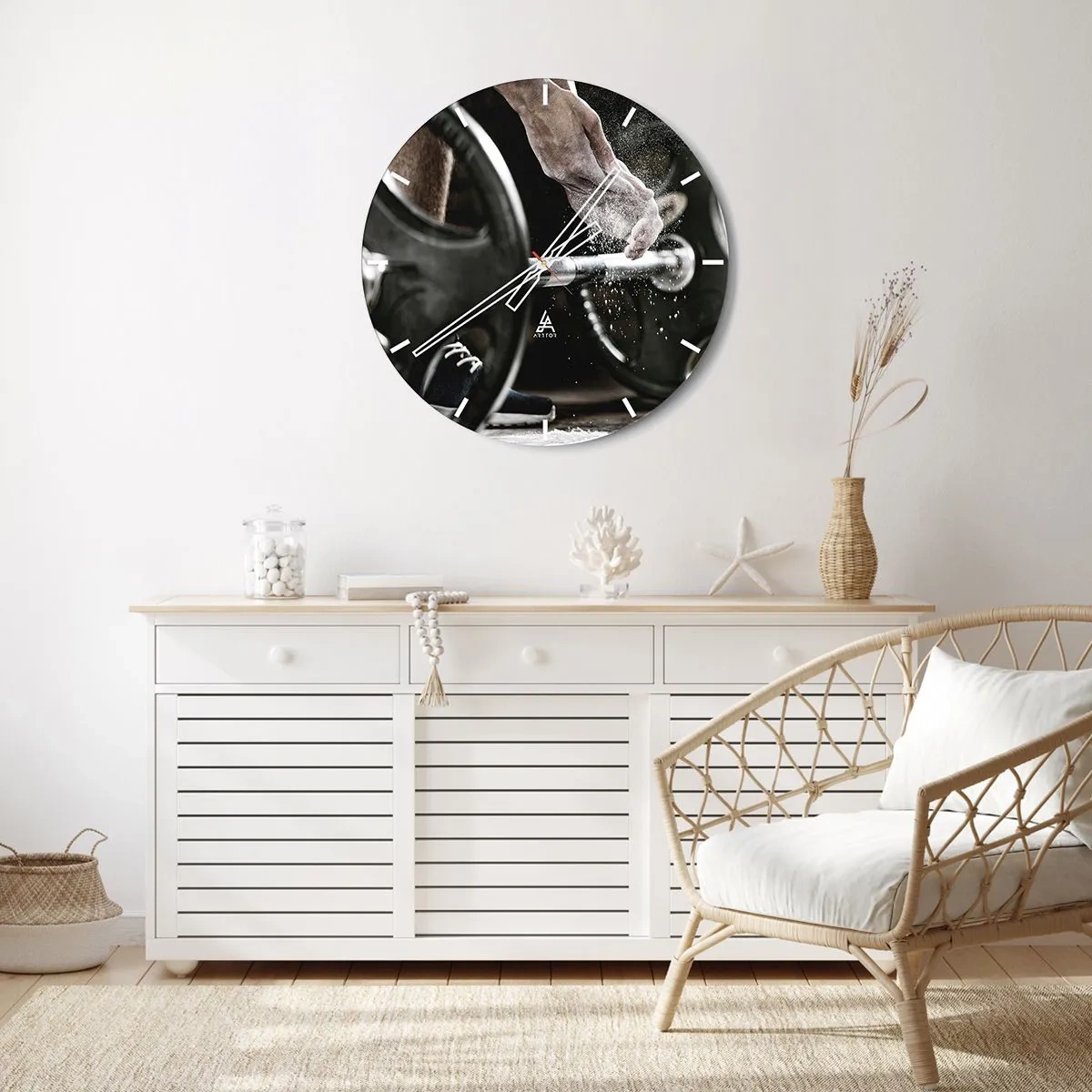 Ceas de perete - Ceas pe sticlă - Gantera și mâna în timpul antrenamentului - 30x30cm - Provocare acceptată! - Decorațiune modernă pentru perete pentru living, bucătărie și dormitor ARTTOR