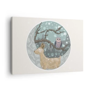 Tablou pe pânză Canvas - O căprioară și o bufniță într-un peisaj nocturn de basm - 70x50cm - O noapte în pădure de poveste - Decorațiune modernă pentru perete pentru living și dormitor ARTTOR