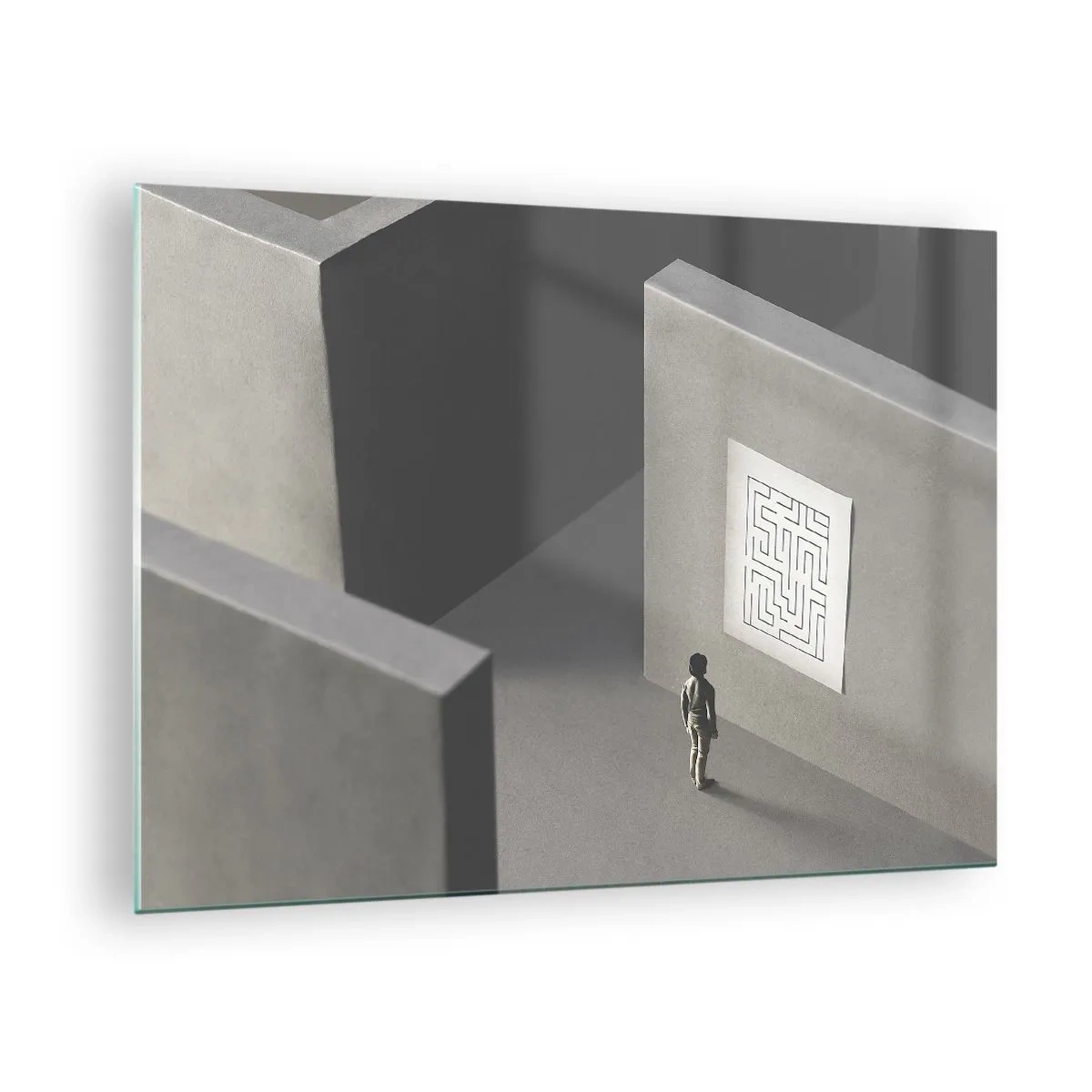 Tablou pe sticlă - Copil într-un labirint cu un simbol ghicitoare - 70x50cm - Dar unde sunt? - Decorațiune modernă pentru perete pentru living și dormitor ARTTOR