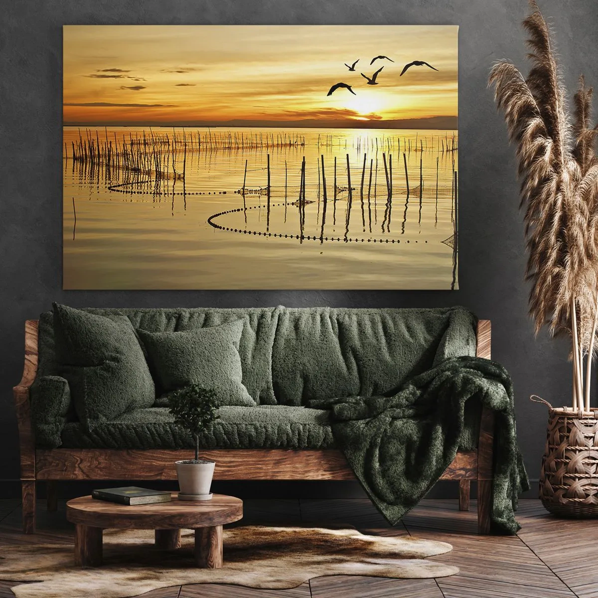 Tablou pe pânză Canvas - Apus de soare peste apă cu păsări în zbor - 70x50cm - În zona pescuitului - Decorațiune modernă pentru perete pentru living și dormitor ARTTOR