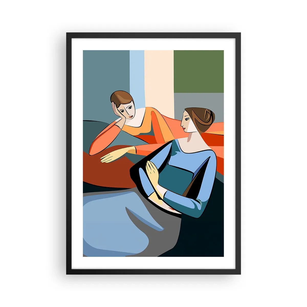 Poster în ramă neagră - O ilustrație modernă a două femei în stil cubist. - 50x70cm - Un moment de confidențe - Decorațiune modernă pentru perete pentru living și dormitor ARTTOR