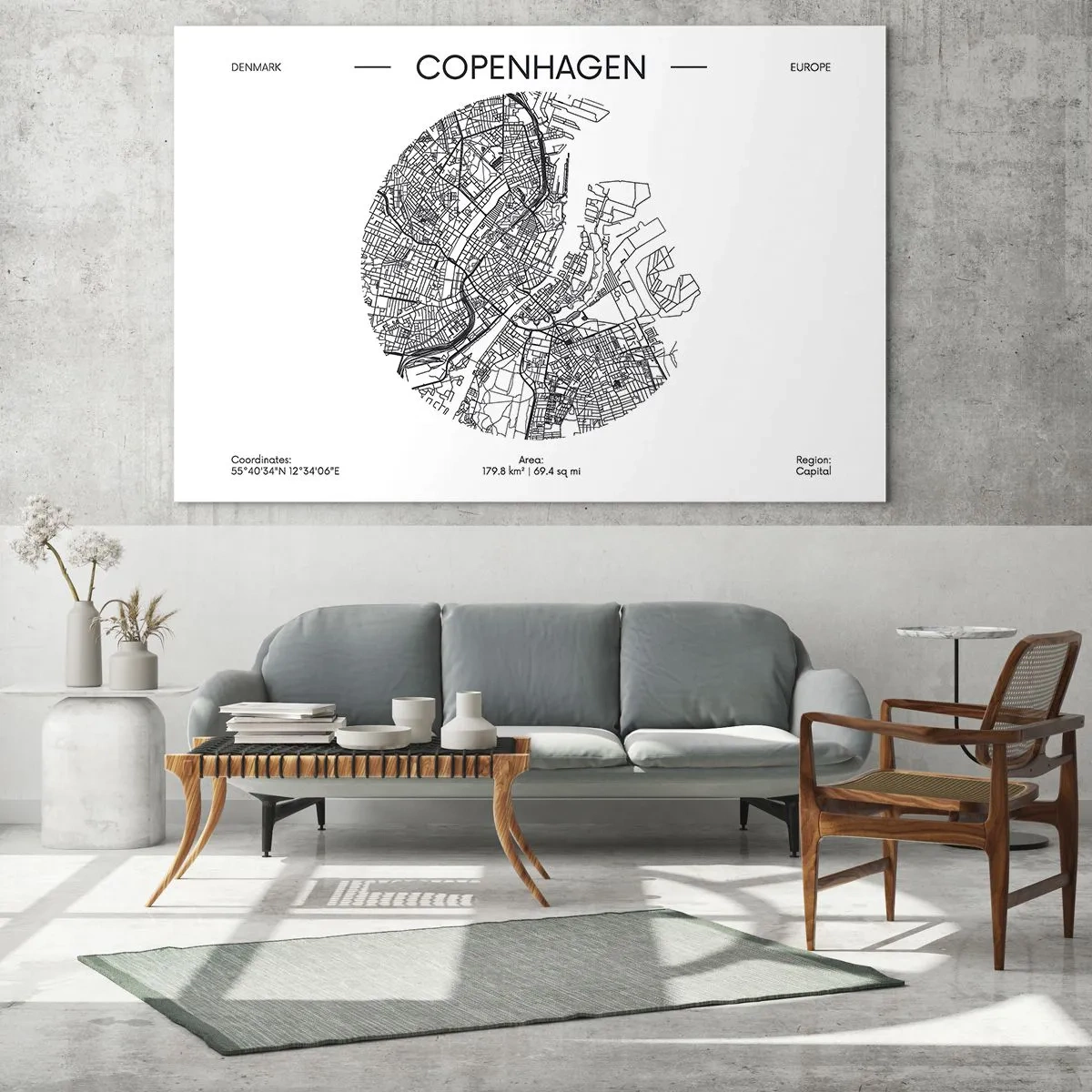 Tablou pe sticlă - O hartă a Copenhaga sub forma unei schițe grafice a străzii - 70x50cm - Anatomia Copenhagăi - Decorațiune modernă pentru perete pentru living și dormitor ARTTOR