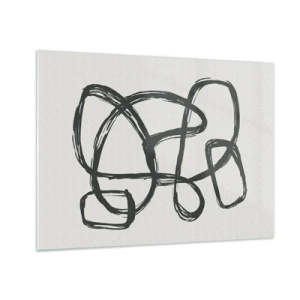Tablou pe sticlă - Buclele și liniile negre formează o compoziție abstractă pe un fundal alb. - 70x50cm - Abstracție în buclă - Decorațiune modernă pentru perete pentru living și dormitor ARTTOR