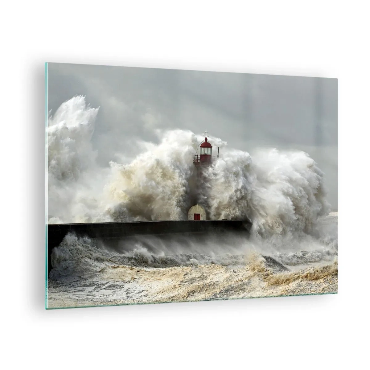 Tablou pe sticlă - Un far înconjurat de valuri puternice - 70x50cm - Mânia oceanului - Decorațiune modernă pentru perete pentru living și dormitor ARTTOR