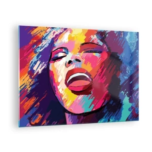 Tablou pe sticlă - Portret abstract al unei femei în culori intense - 70x50cm - Cântă toată viața - Decorațiune modernă pentru perete pentru living și dormitor ARTTOR