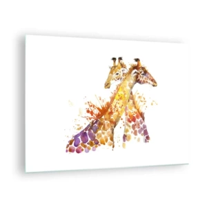 Tablou pe sticlă - Girafe artistice în stil acuarelă pe fundal alb - 70x50cm - Prietenie sau dragoste - Decorațiune modernă pentru perete pentru living și dormitor ARTTOR