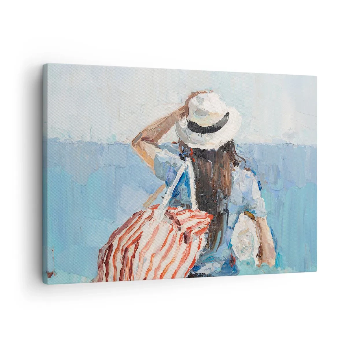 Tablou pe pânză Canvas - O femeie cu pălărie pe fundalul mării albastre - 70x50cm - Bine ați venit în concediu - Decorațiune modernă pentru perete pentru living și dormitor ARTTOR