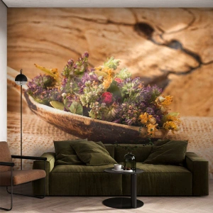 Tapet Standard Eco - Ierburi uscate pe o lingură rustică de lemn - 100x70cm - Flori colorate și ierburi parfumate - Decorațiune modernă pentru perete pentru living și dormitor ARTTOR