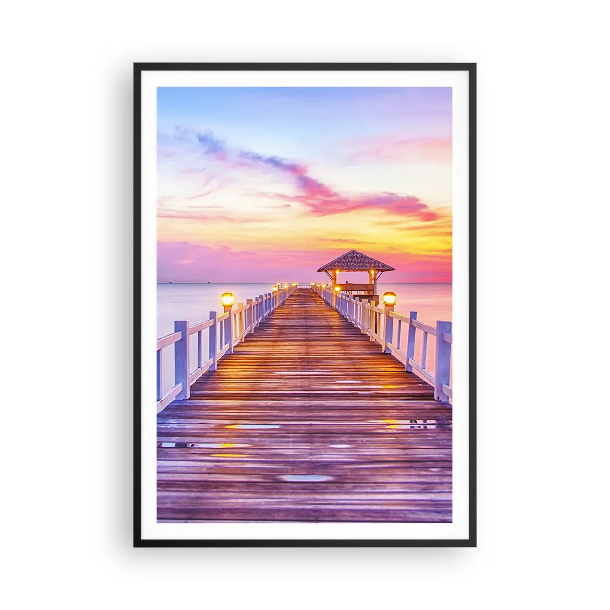 Poster în ramă neagră - Tăcerea serii în liliac-auriu - 70x100 cm