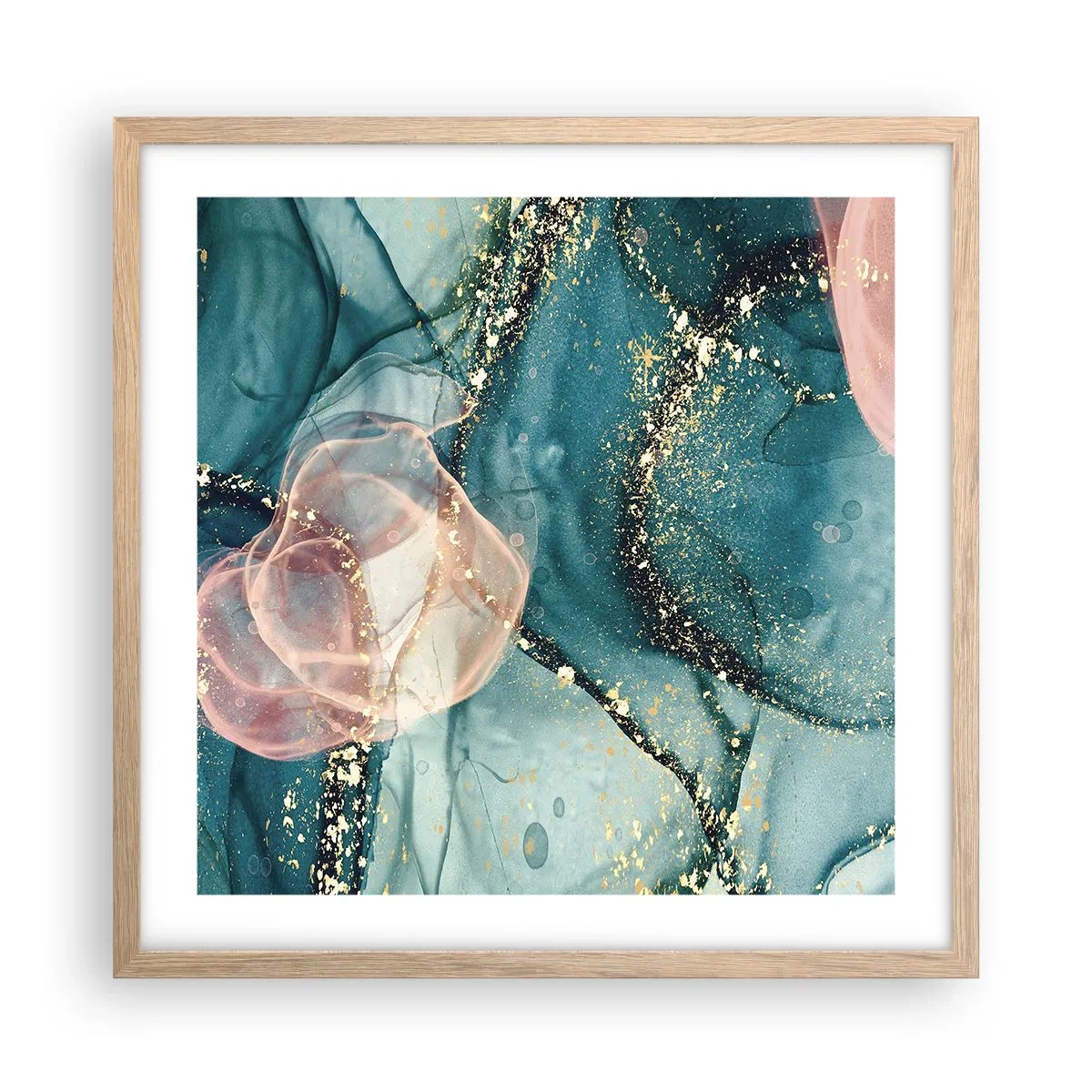 Poster în ramă de stejar deschis - Mătase albastră, tul roz - 50x50 cm