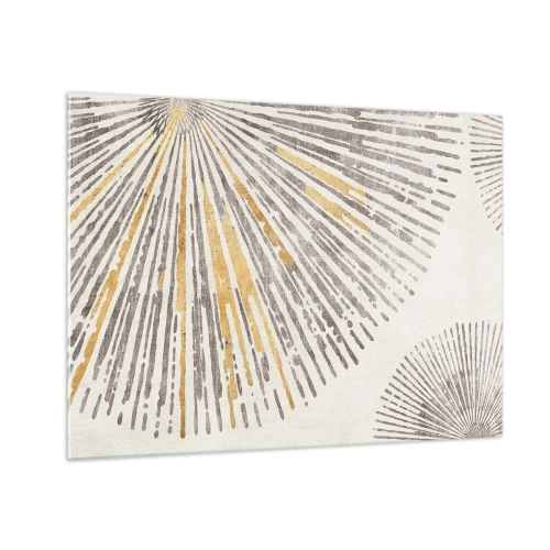Tablou pe sticlă - Linii radiale în nuanțe de auriu și gri pe un fundal deschis - 70x50cm - Frumusețea razei - Decorațiune modernă pentru perete pentru living și dormitor ARTTOR