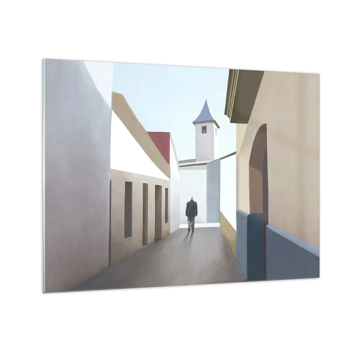 Tablou pe sticlă - O stradă în soare cu o siluetă mergând în depărtare - 70x50cm - Plimbare însorită - Decorațiune modernă pentru perete pentru living și dormitor ARTTOR