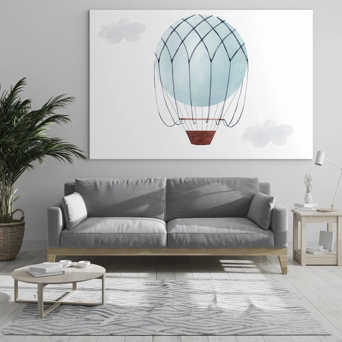 Tablou pe sticlă - Balon cu aer cald albastru în nori - 70x50cm - Complet în nori - Decorațiune modernă pentru perete pentru living și dormitor ARTTOR