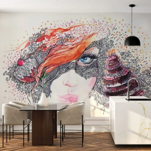 Tapet Standard Eco - Portretul unei femei cu mască și un fundal fantastic - 100x70cm - Cu ea fiecare zi e o sărbătoare - Decorațiune modernă pentru perete pentru living și dormitor ARTTOR