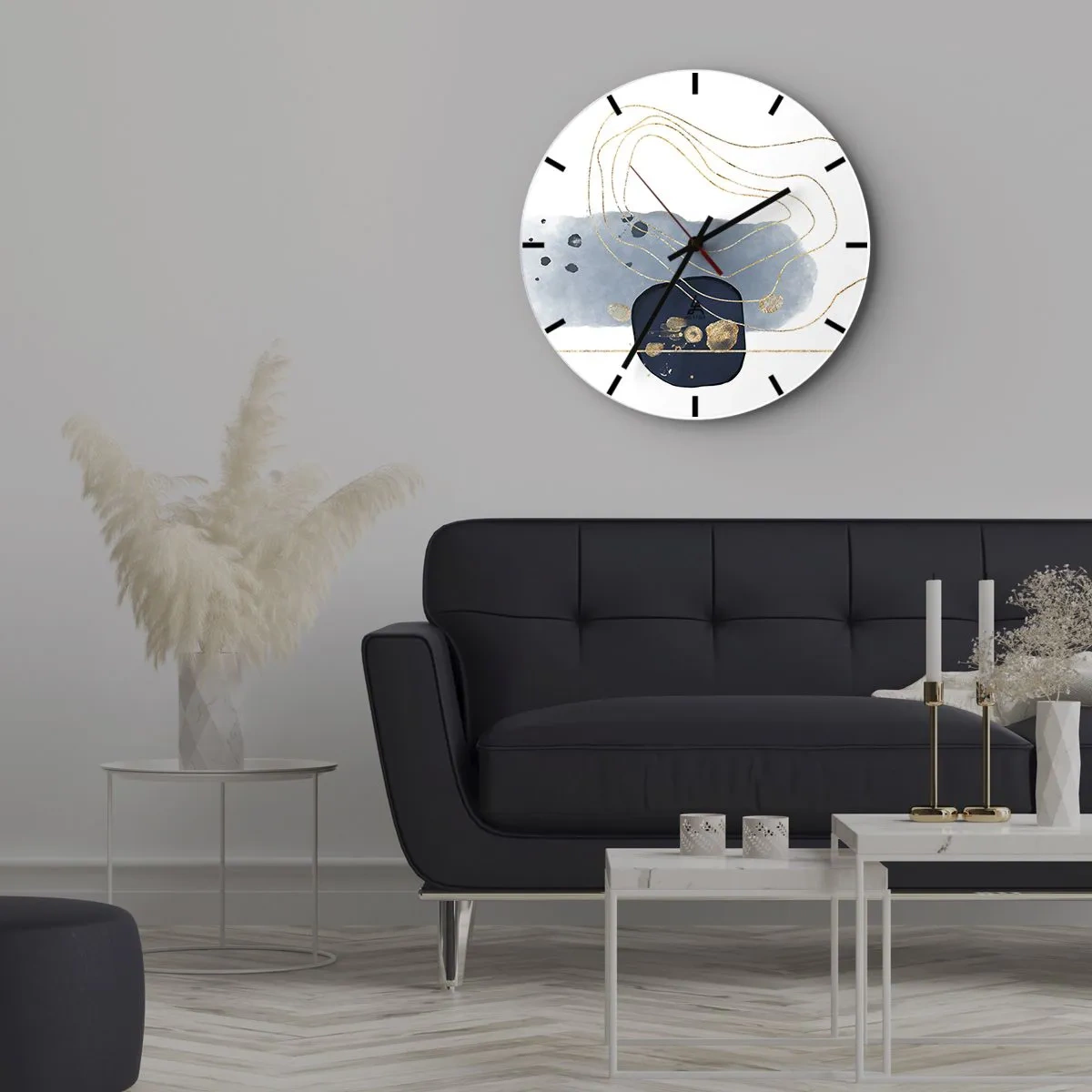 Ceas de perete - Ceas pe sticlă - Compoziție abstractă în nuanțe de albastru și auriu - 30x30cm - Fantezie albastru-auriu - Decorațiune modernă pentru perete pentru living, bucătărie și dormitor ARTTOR