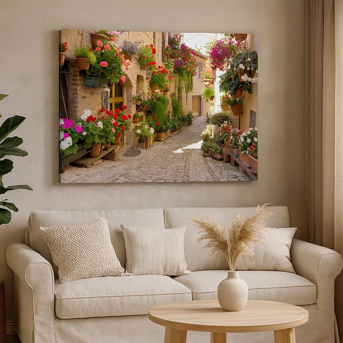Tablou pe pânză Canvas - O stradă cu flori în ghivece și ziduri de piatră - 70x50cm - Într-un potop de flori - Decorațiune modernă pentru perete pentru living și dormitor ARTTOR