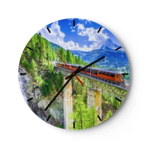 Ceas de perete - Ceas pe sticlă - Un tren roșu traversează un pod într-un peisaj alpin - 30x30cm - Calea ferată din Alpi - Decorațiune modernă pentru perete pentru living, bucătărie și dormitor ARTTOR