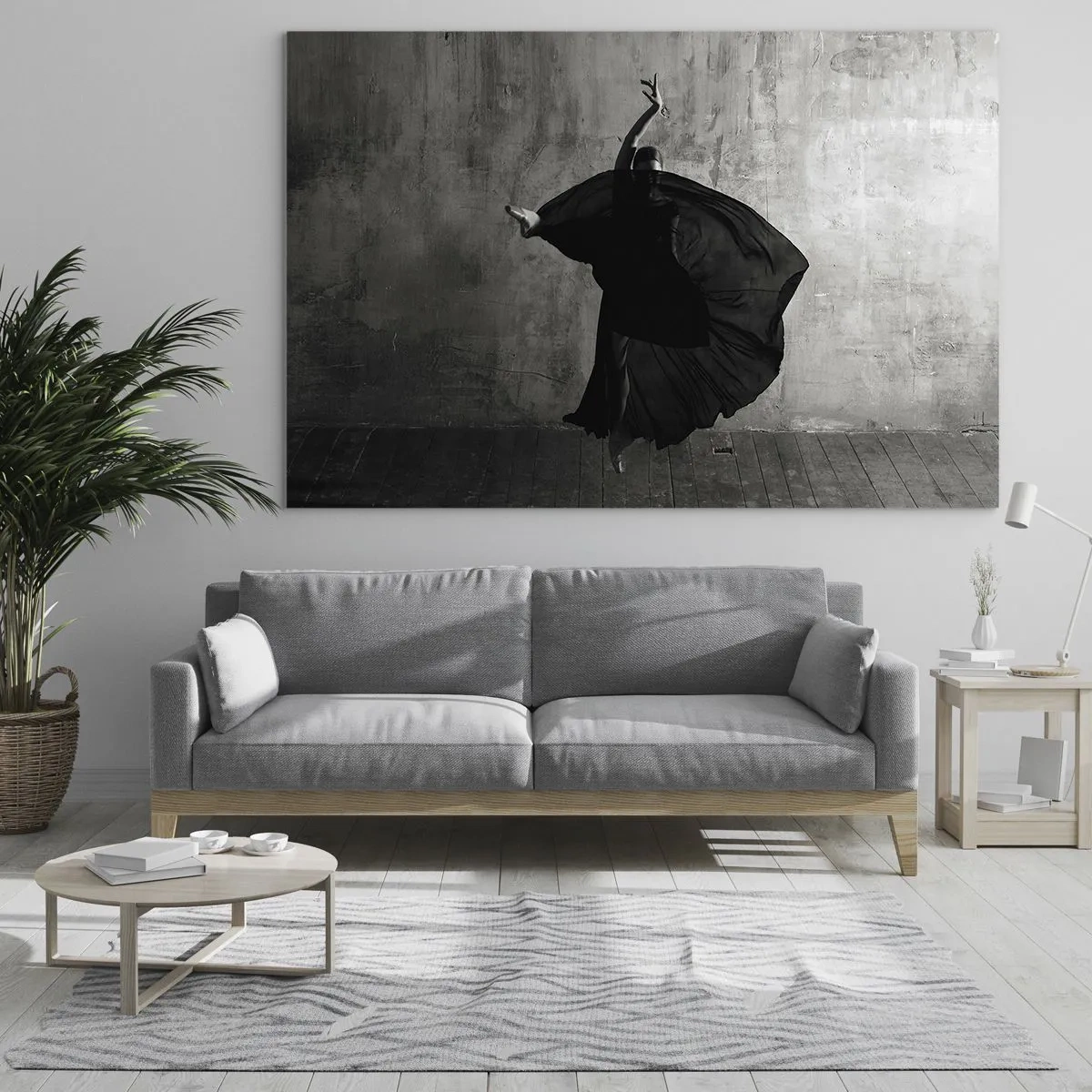 Tablou pe sticlă - Siluetă alb-negru a unui dansator într-o poză dinamică - 70x50cm - Un pas pasional - Decorațiune modernă pentru perete pentru living și dormitor ARTTOR