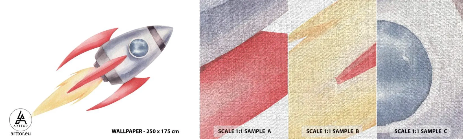 Mostră tapet Premium Canvas - Mai sus, mai repede, mai departe - O rachetă spațială, Pentru copii, Cosmos - 100x30 cm