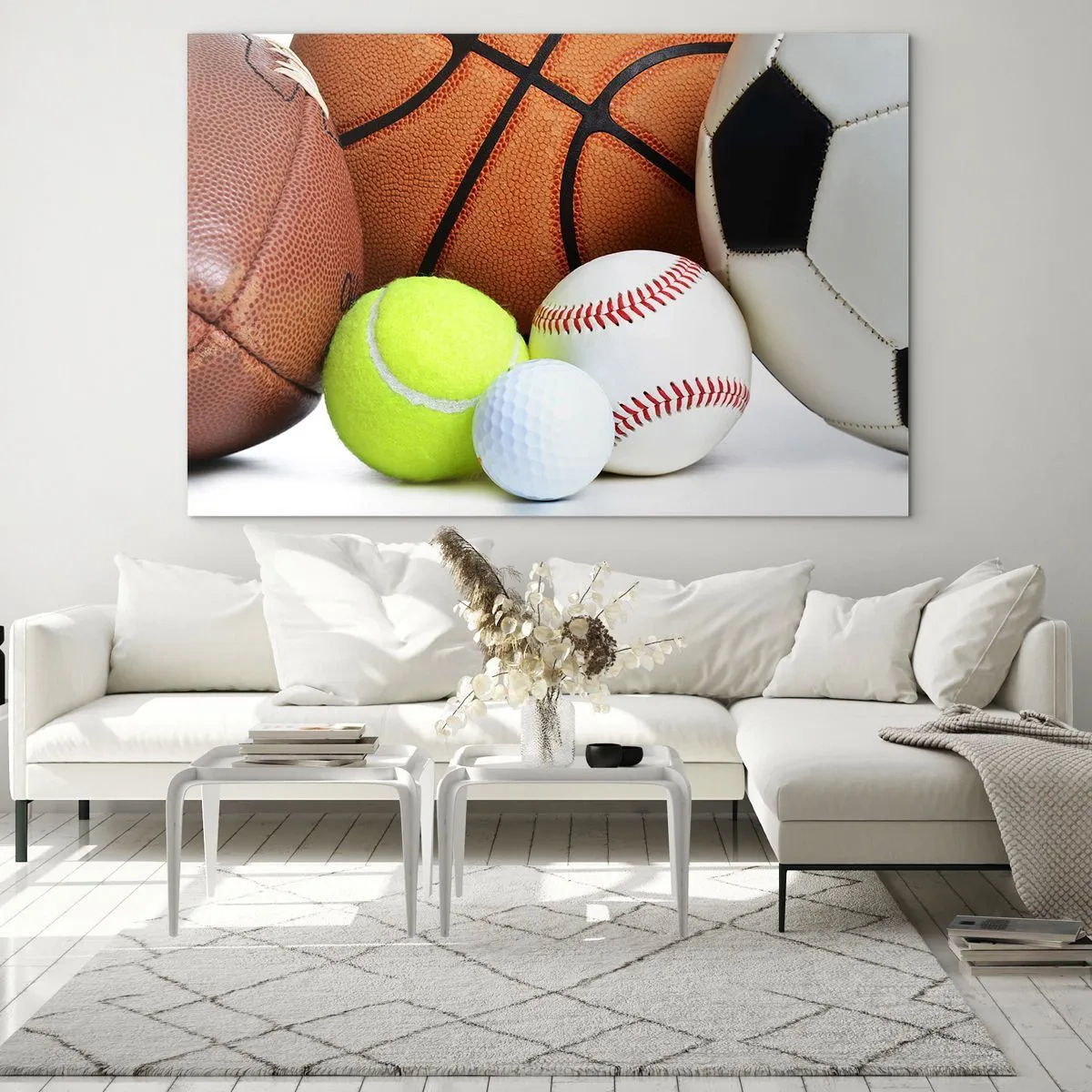Tablou pe sticlă - Un set de mingi sportive pe un fundal alb - 70x50cm - Ne leagă mingea! - Decorațiune modernă pentru perete pentru living și dormitor ARTTOR