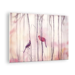 Tablou pe sticlă - Două păsări printre crenguțe delicate în tonuri pastelate - 70x50cm - O poveste din Pădurea Roz - Decorațiune modernă pentru perete pentru living și dormitor ARTTOR