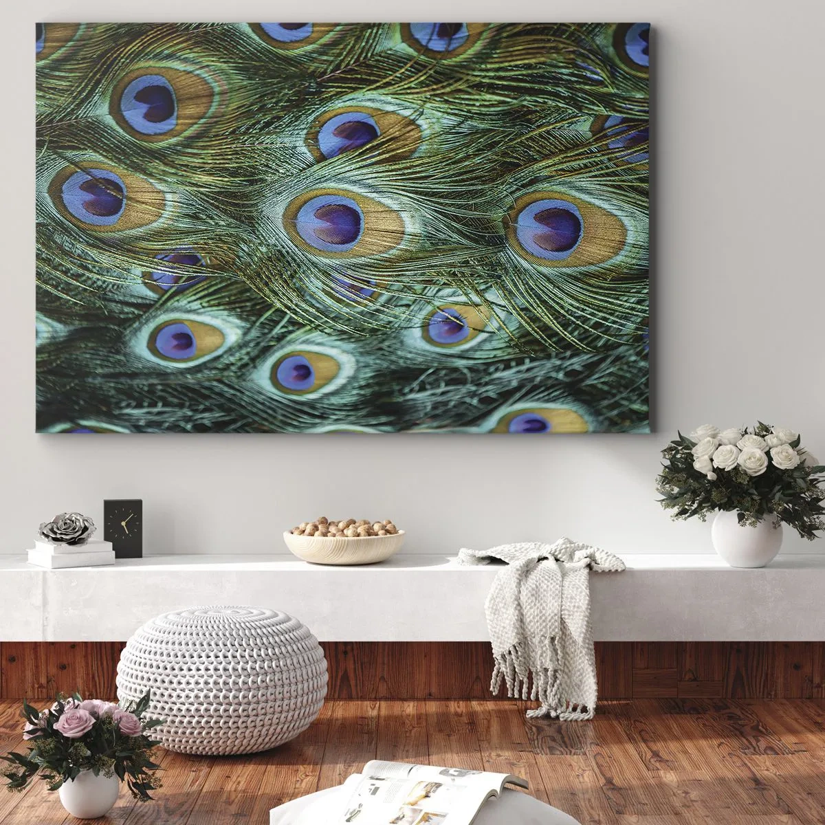 Tablou pe pânză Canvas - Detalii despre pene de păun în culori bogate - 70x50cm - O privire cu ochi de păun - Decorațiune modernă pentru perete pentru living și dormitor ARTTOR