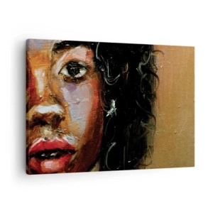 Tablou pe pânză Canvas - Un portret expresiv al unei femei în culori intense. - 70x50cm - Negru și strălucire - Decorațiune modernă pentru perete pentru living și dormitor ARTTOR