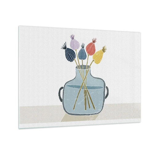 Tablou pe sticlă - Capete decorative de mac într-un ulcior în stil grafic - 70x50cm - Paparune sau maci? - Decorațiune modernă pentru perete pentru living și dormitor ARTTOR