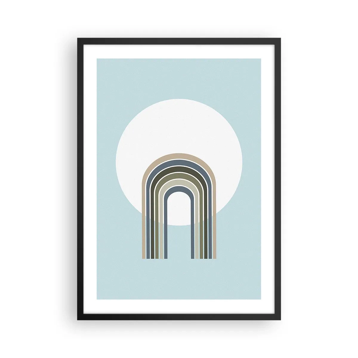Poster în ramă neagră - Un arc minimalist cu nuanțe pastelate pe un fundal circular - 50x70cm - Atracție irezistibilă - Decorațiune modernă pentru perete pentru living și dormitor ARTTOR