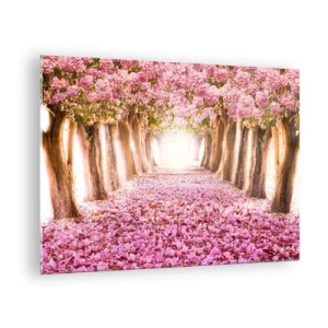 Tablou pe sticlă - O alee de copaci înfloriți cu petale roz pe pământ - 70x50cm - Drumul spre paradis - Decorațiune modernă pentru perete pentru living și dormitor ARTTOR