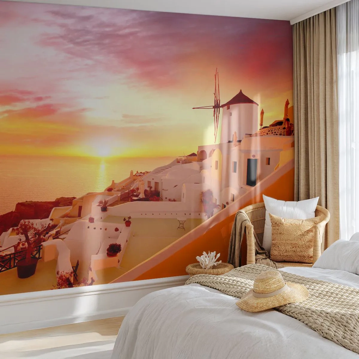 Tapet Premium Sand - Dizolvându-se în alb și auriu - Peisaj, Santorini, Grecia - 100x70 cm
