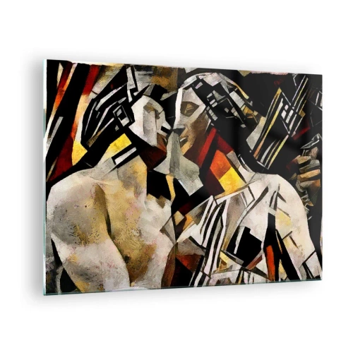 Tablou pe sticlă - Cuplu abstract în modele geometrice - 70x50cm - Sărut statuar - Decorațiune modernă pentru perete pentru living și dormitor ARTTOR