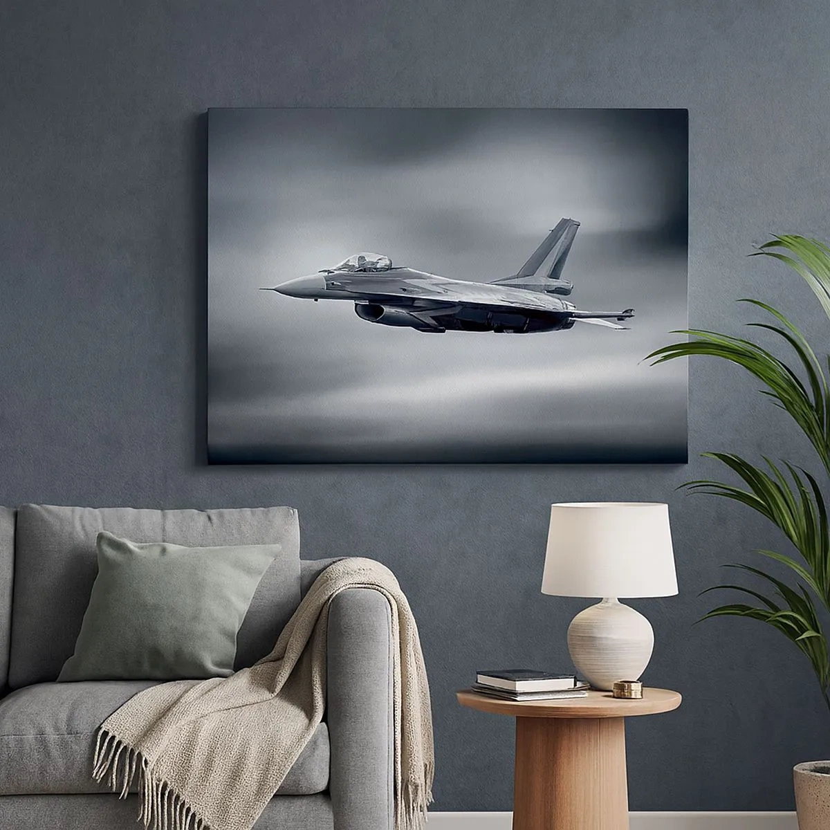 Tablou pe pânză Canvas - Un avion de vânătoare în zbor pe un cer înnorat - 70x50cm - Vrei să mă provoci? - Decorațiune modernă pentru perete pentru living și dormitor ARTTOR