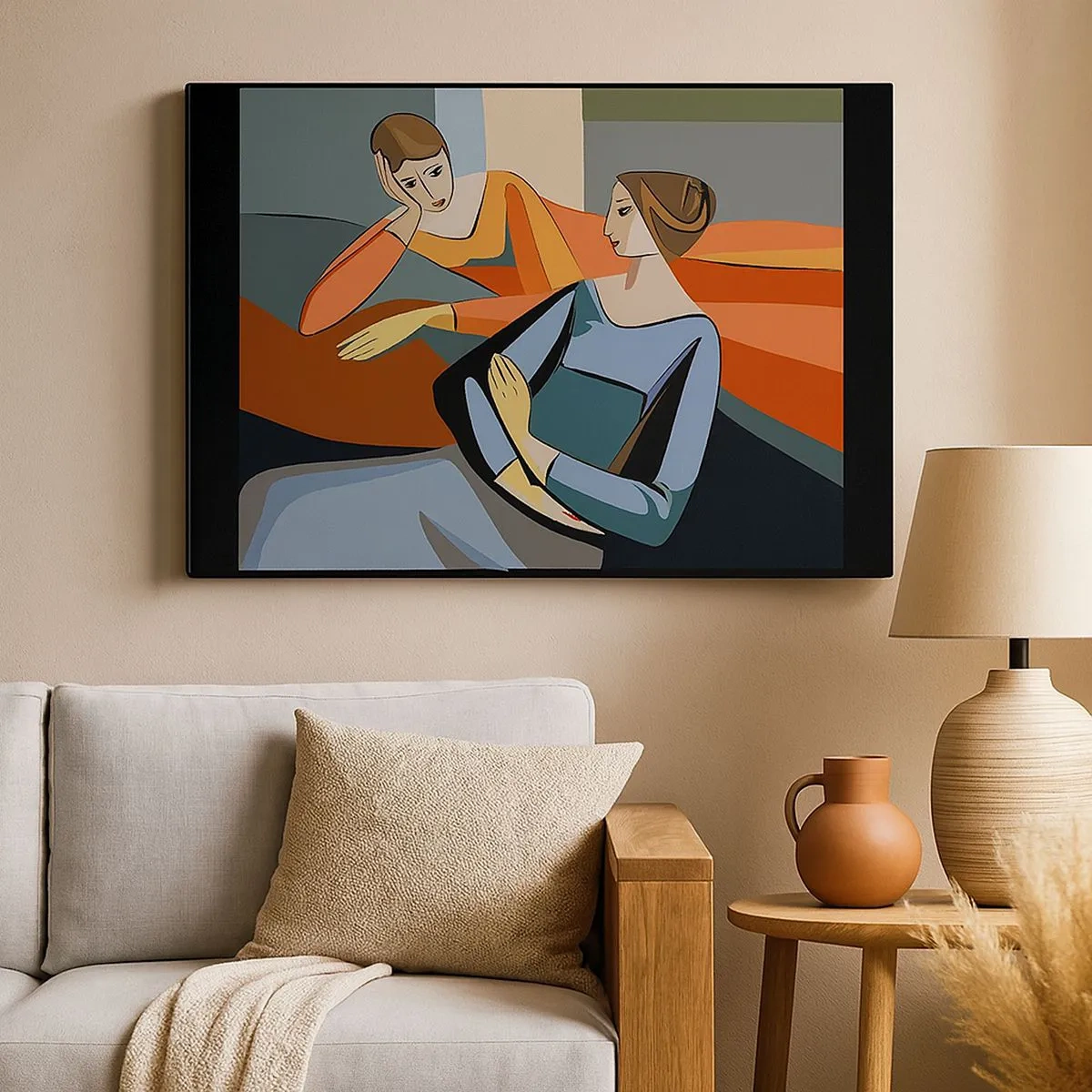 Tablou pe pânză Canvas - Ilustrație abstractă a două femei în stil cubist - 70x50cm - Un moment de confidențe - Decorațiune modernă pentru perete pentru living și dormitor ARTTOR