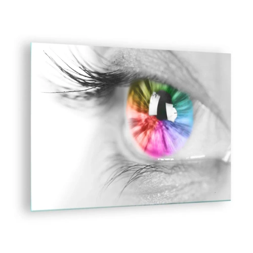 Tablou pe sticlă - Iris colorat pe fundal alb-negru - 70x50cm - Priviți lumea în culori - Decorațiune modernă pentru perete pentru living și dormitor ARTTOR