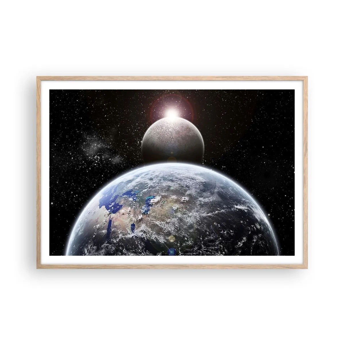 Poster în ramă de stejar deschis - Peisaj cosmic - răsărit de soare - 100x70 cm