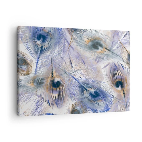 Tablou pe pânză Canvas - Un model cu pene de păun în nuanțe de albastru și auriu - 70x50cm - Compoziția penelor de păun - Decorațiune modernă pentru perete pentru living și dormitor ARTTOR