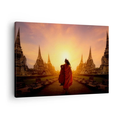 Tablou pe pânză Canvas - Un călugăr printre temple la apus - 70x50cm - În pace prin eternitate - Decorațiune modernă pentru perete pentru living și dormitor ARTTOR