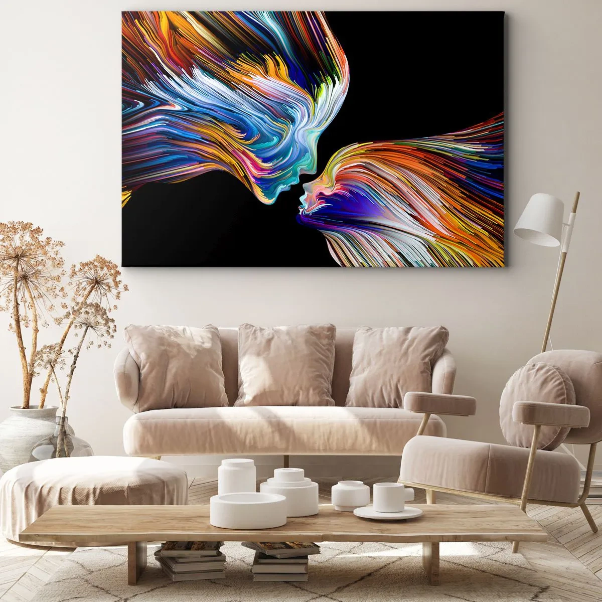 Tablou pe pânză Canvas - Siluete colorate de fețe în fluxuri dinamice pe fundal negru - 70x50cm - Fuziune de energie și lumină - Decorațiune modernă pentru perete pentru living și dormitor ARTTOR