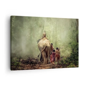 Tablou pe pânză Canvas - Copii cu un elefant într-o pădure verde în lumina dimineții - 70x50cm - Noua Carte a Junglei - Decorațiune modernă pentru perete pentru living și dormitor ARTTOR
