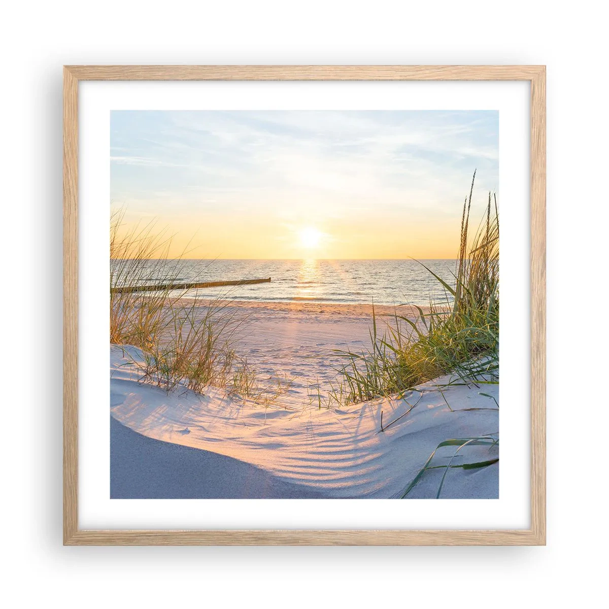 Poster în ramă de stejar deschis - Zumzet de mare, o plajă sălbatică printre ierburi... - 50x50 cm