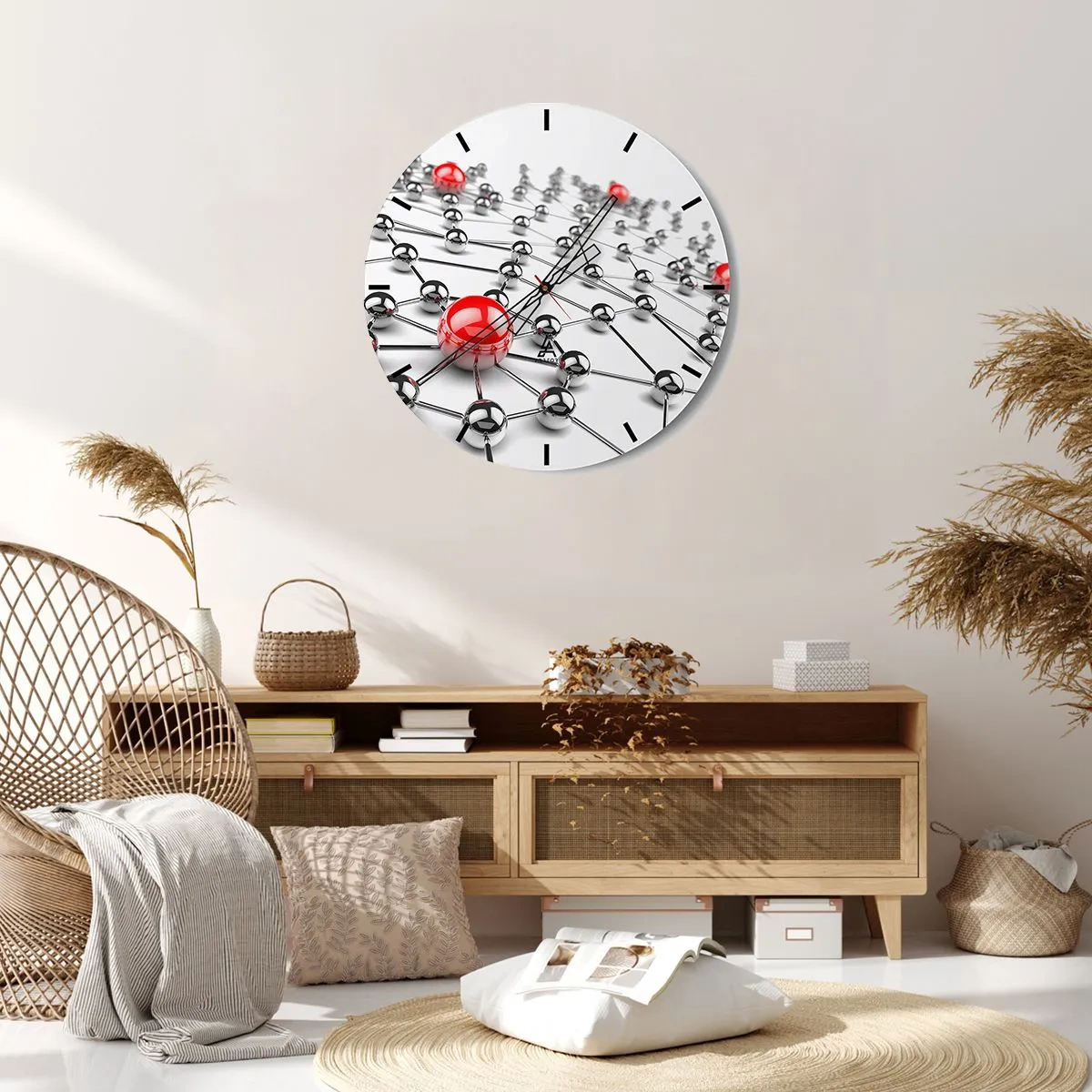 Ceas de perete - Ceas pe sticlă - Structura moleculară cu accente roșii pe fundal alb - 30x30cm - Plasă de argint - Decorațiune modernă pentru perete pentru living, bucătărie și dormitor ARTTOR