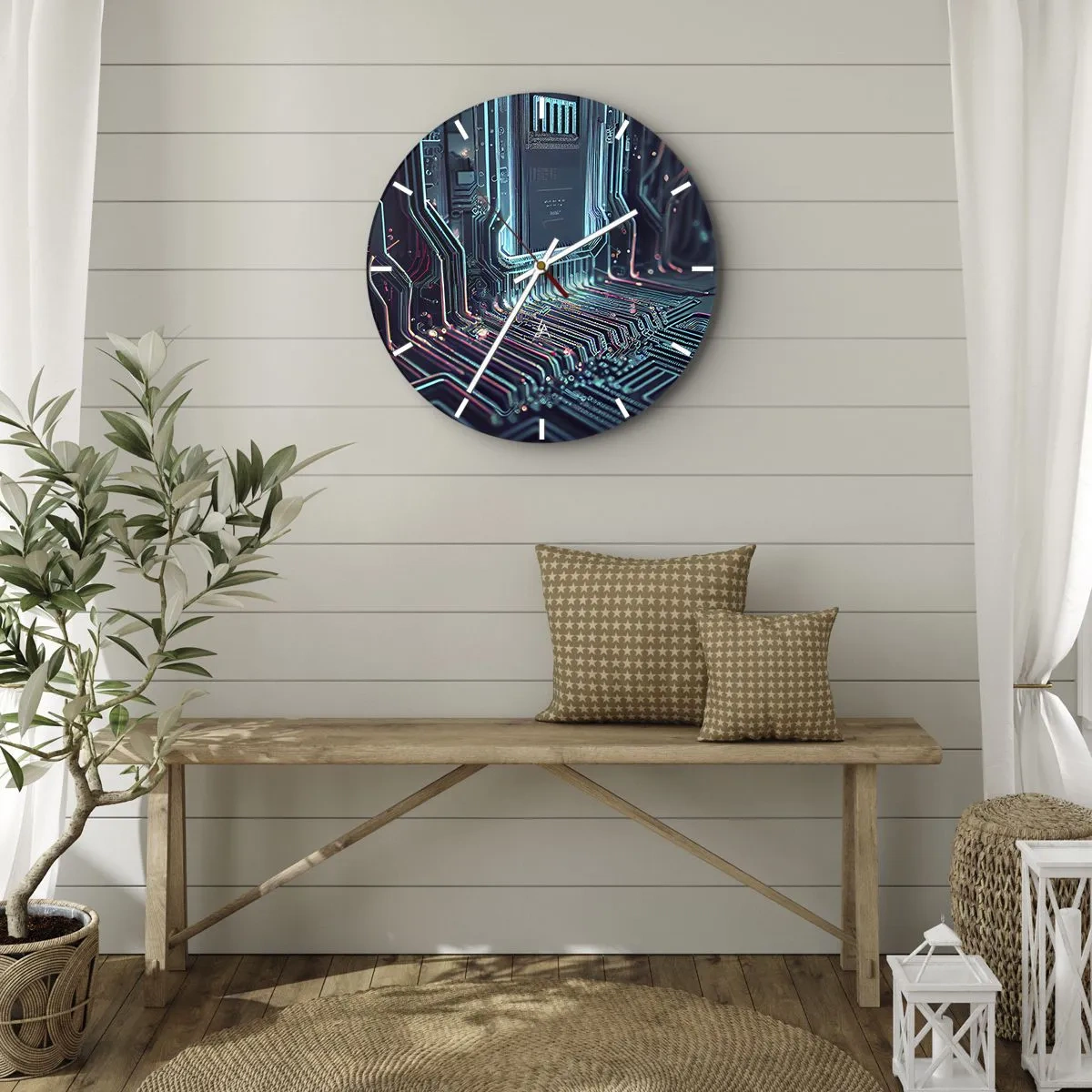 Ceas de perete - Ceas pe sticlă - Prim-plan al unui circuit integrat neon, în stil futurist - 30x30cm - Iată la ce mă gândesc... - Decorațiune modernă pentru perete pentru living, bucătărie și dormitor ARTTOR