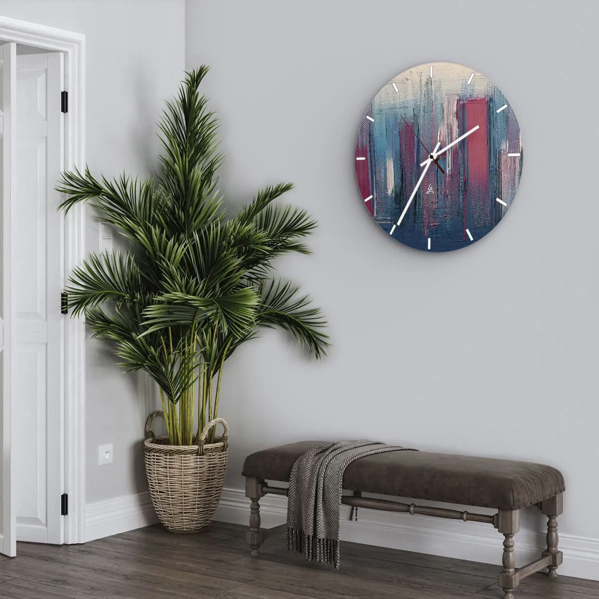 Ceas de perete - Ceas pe sticlă - Dungi verticale albastre și roșii într-un stil artistic - 30x30cm - Compoziție verticală în albastru și roșu - Decorațiune modernă pentru perete pentru living, bucătărie și dormitor ARTTOR