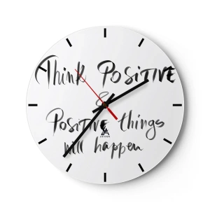 Ceas de perete - Ceas pe sticlă - Inscripție motivațională într-un stil artistic - 30x30cm - Cum să trăim bine? - Decorațiune modernă pentru perete pentru living, bucătărie și dormitor ARTTOR