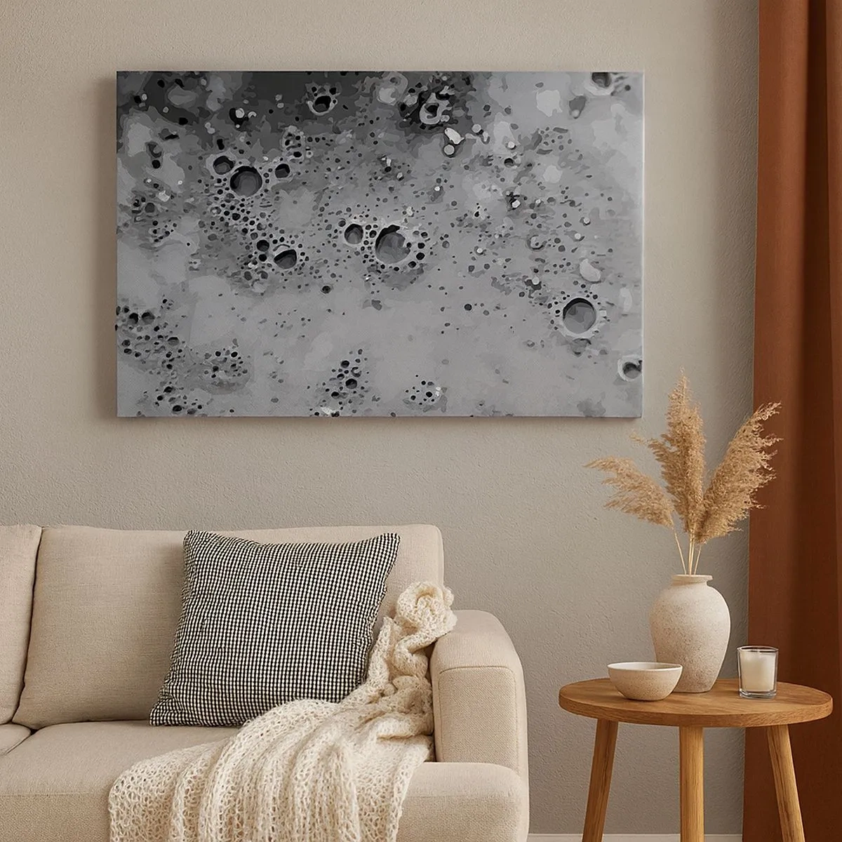Tablou pe pânză Canvas - Model abstract cu bule alb-negru - 70x50cm - Ca un peisaj lunar - Decorațiune modernă pentru perete pentru living și dormitor ARTTOR