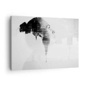 Tablou pe pânză Canvas - Portret de femeie cu conturul unui oraș în fundal, culori alb-negru - 70x50cm - Pe ambele părți ale geamului - Decorațiune modernă pentru perete pentru living și dormitor ARTTOR