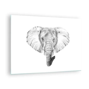 Tablou pe sticlă - Desen alb-negru al unui cap de elefant pe fundal alb - 70x50cm - Mare ca un elefant - Decorațiune modernă pentru perete pentru living și dormitor ARTTOR
